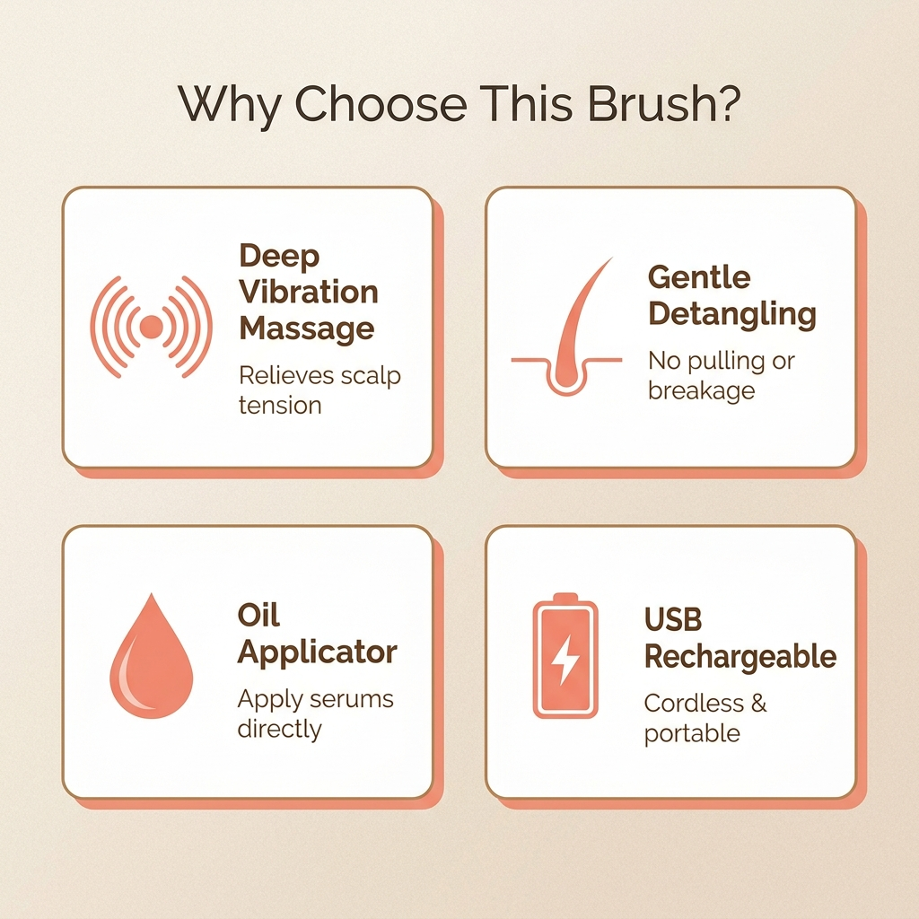 Carefy scalp massage brush benefits infographic showing hair growth stimulation and scalp therapy features