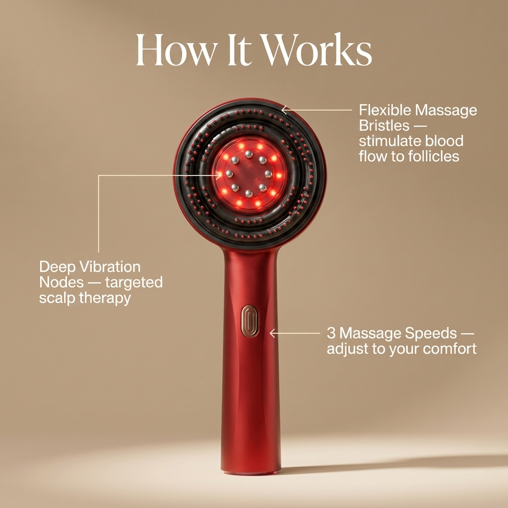 How Carefy electric scalp massage brush works with vibration nodes flexible bristles and 3 speed modes