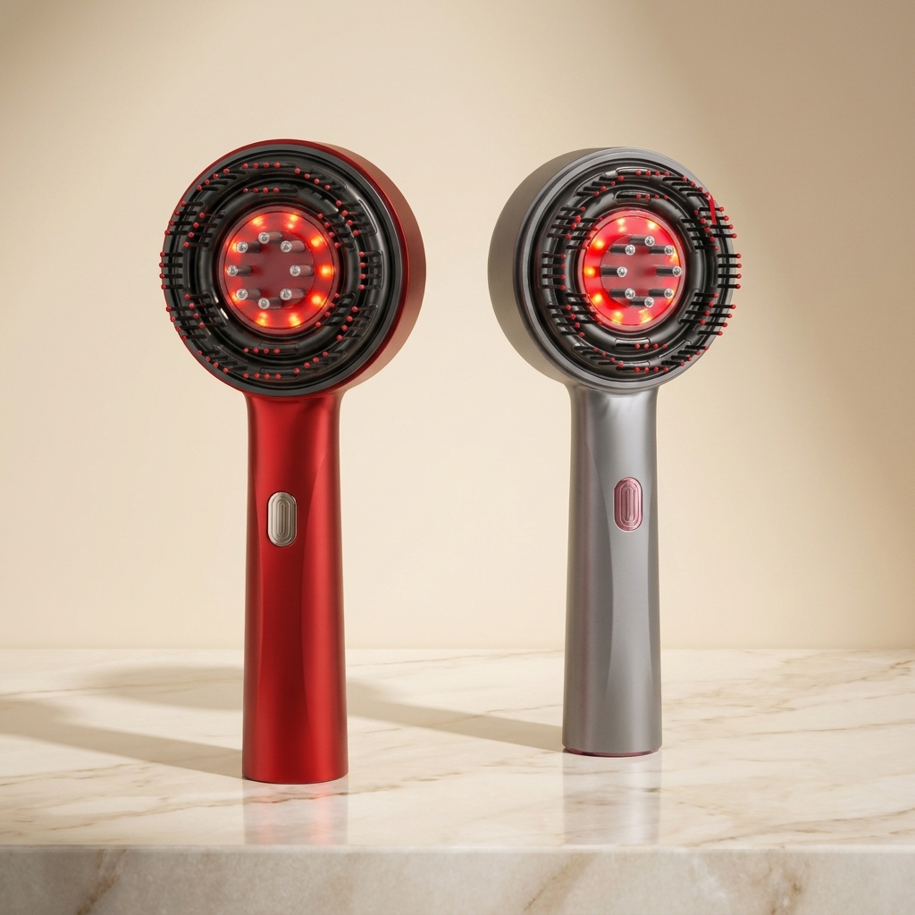 Carefy electric scalp massage brush red and gray variants on marble surface with warm lighting