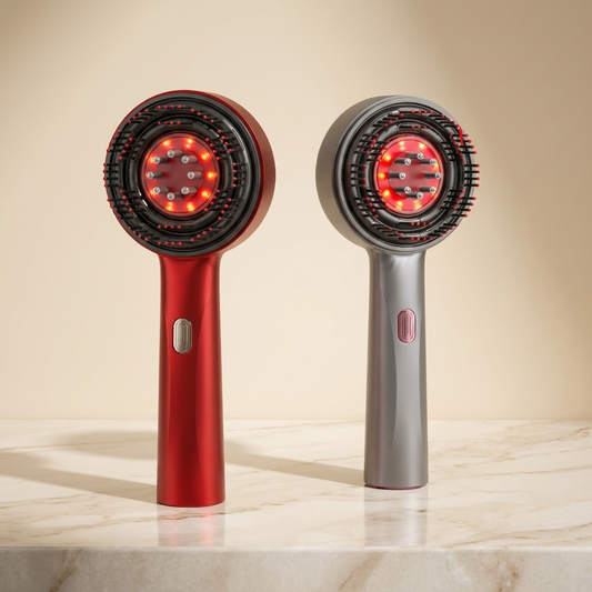 Carefy electric scalp massage brush red and gray variants on marble surface with warm lighting