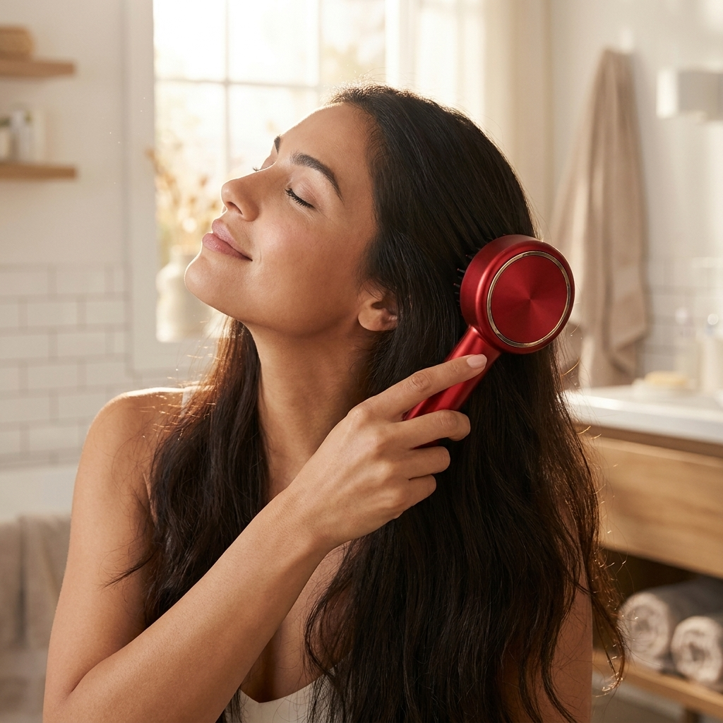 Woman using Carefy electric scalp massage brush with head tilted back relaxing