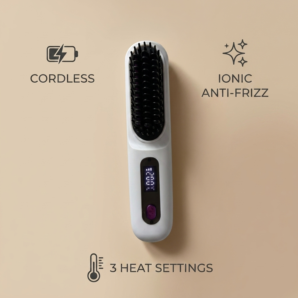 Carefy ionic straightening brush USP infographic cordless ionic anti-frizz three heat settings