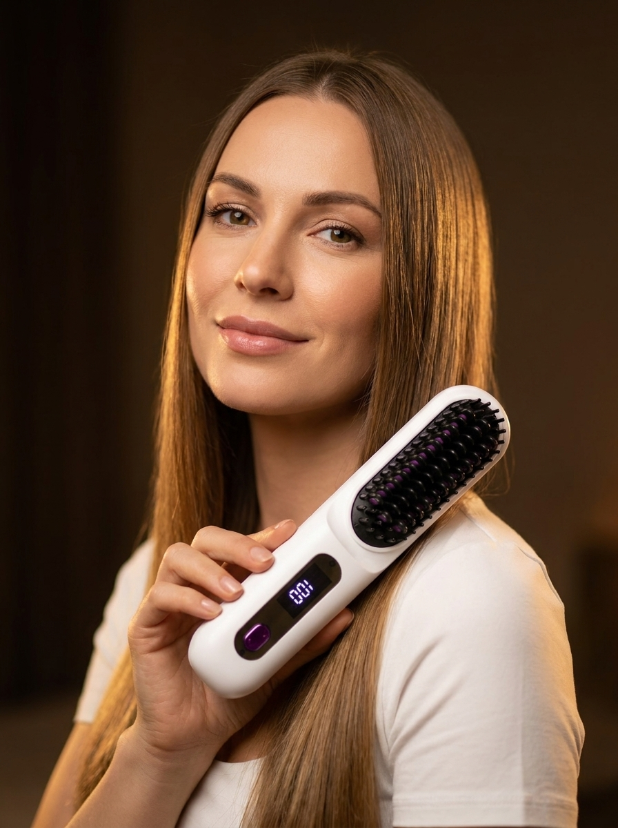 Woman using Carefy cordless ionic hair straightening brush lifestyle morning routine