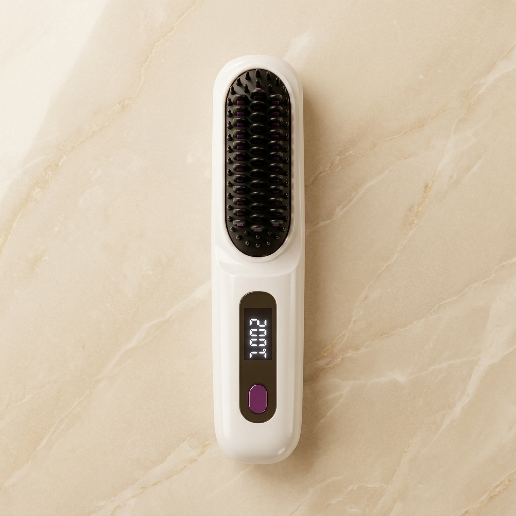 Carefy cordless ionic hair straightening brush white variant flat lay on marble surface with LCD display showing 200 degrees