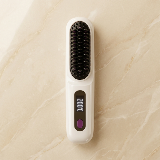 Carefy cordless ionic hair straightening brush white variant flat lay on marble surface with LCD display showing 200 degrees