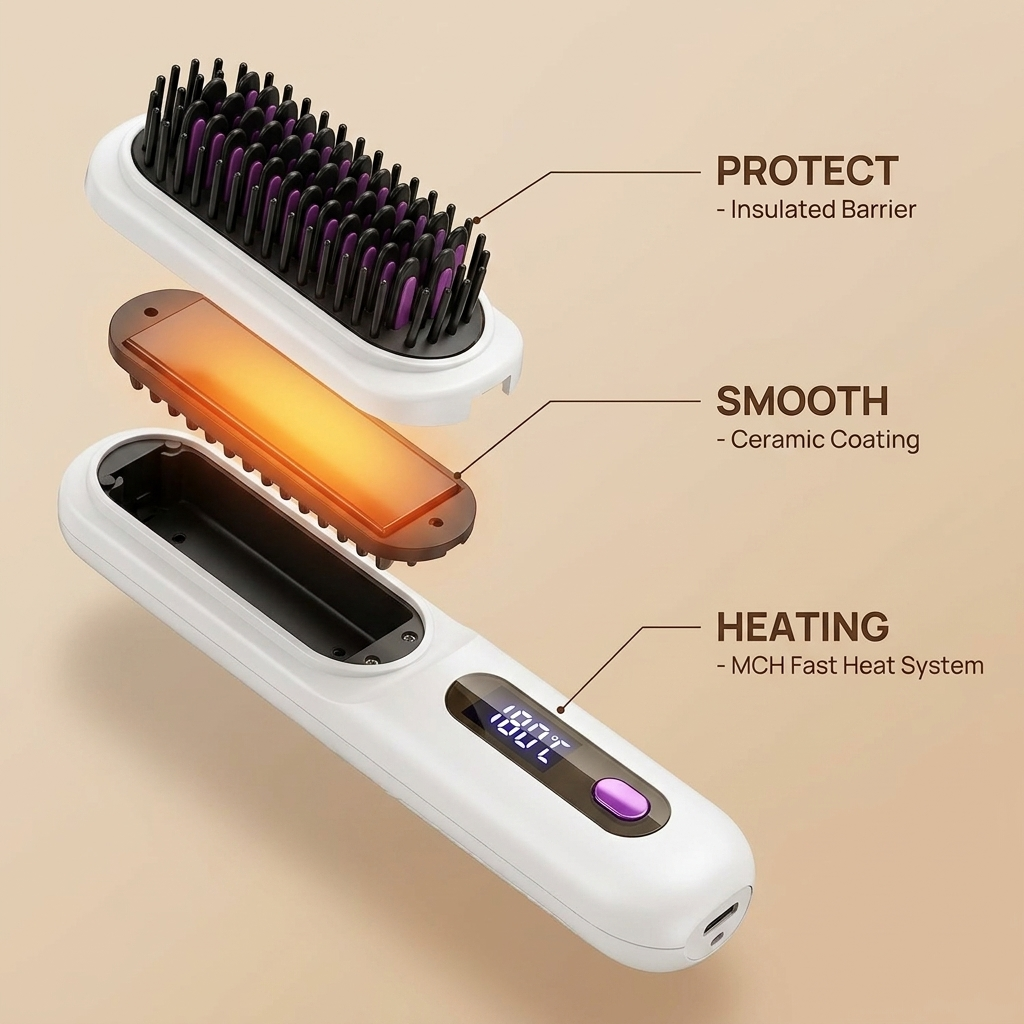 Carefy ionic hair straightening brush how it works exploded view protect smooth heating layers