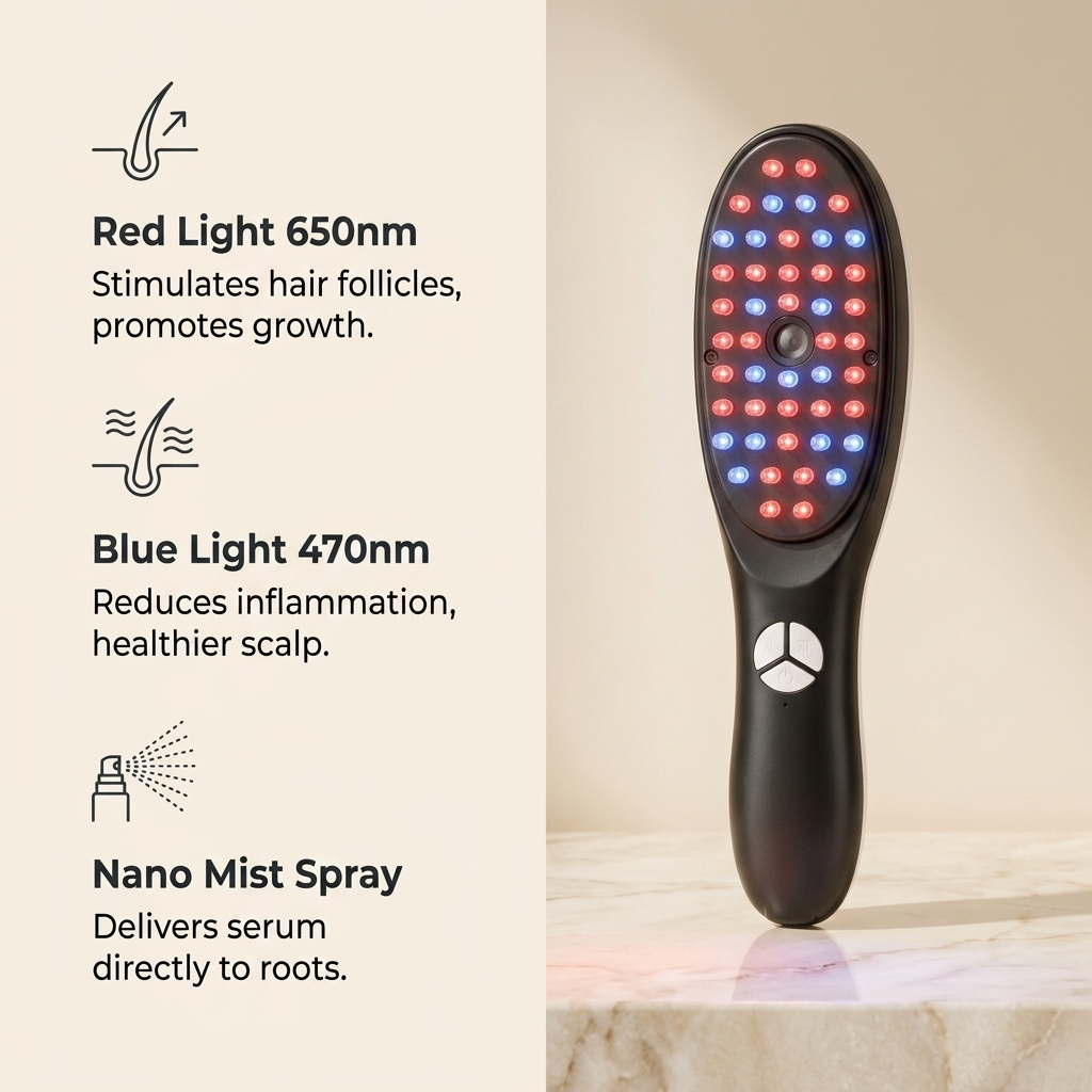 Carefy hair comb — Red Light 650nm, Blue Light 470nm, Nano Mist Spray infographic
