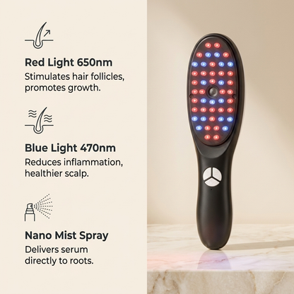 Carefy hair comb — Red Light 650nm, Blue Light 470nm, Nano Mist Spray infographic